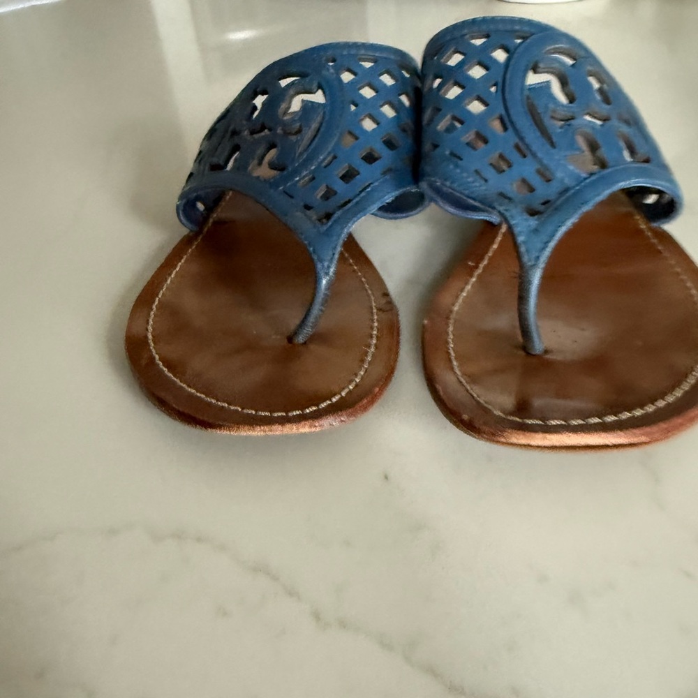 Tory Burch Blue Lattice Leather Sandals - Picture 7 of 9